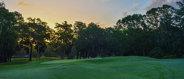 Yellow, orange and pink gradient sunset behind a line of trees and the greens on a golf course in the foreground; Credit: Gotta Be Worth It from Pexels