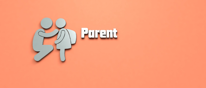 stock photo - orange background, silver die cut parent kneeling, facing a child wearing a back pack, one arm on child's shoulder; silver die cut word 'parent'; image credit: Canva