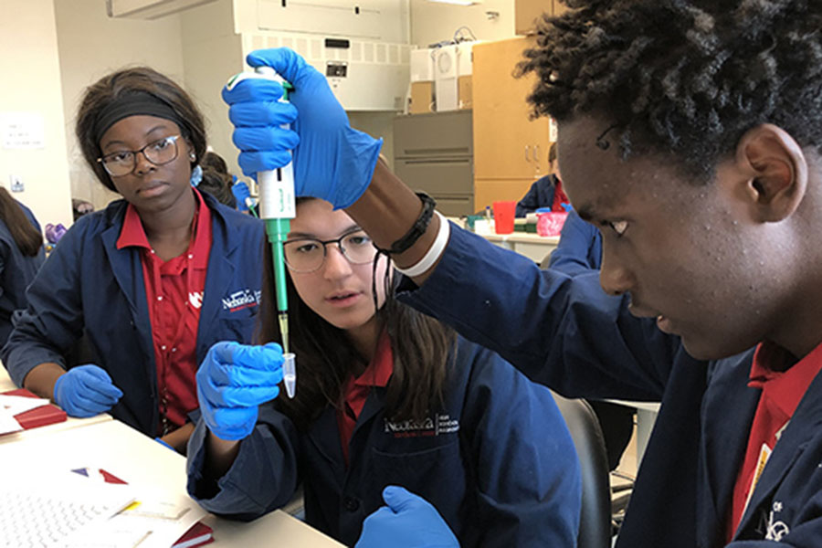 High School Alliance students work in a lab