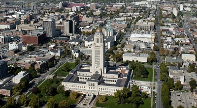 An aerial view of the state capitol