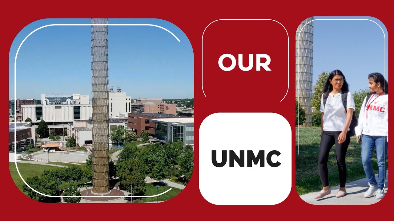 View of campus and of students walking on campus, with text: Our UNMC.