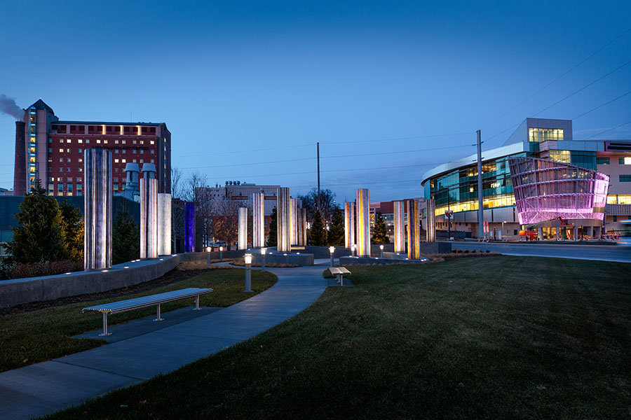 View of UNMC's Omaha campus at night.