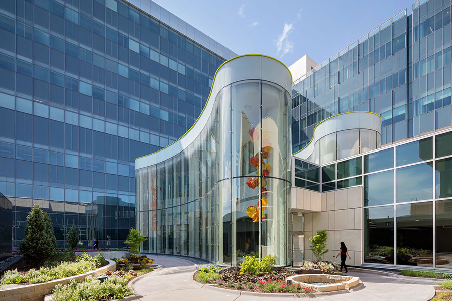 Exterior of the Chihuly Sanctuary and the Buffett Cancer Center