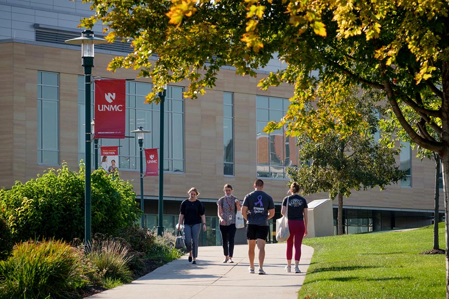 Students walk across UNMC's Omaha campus.