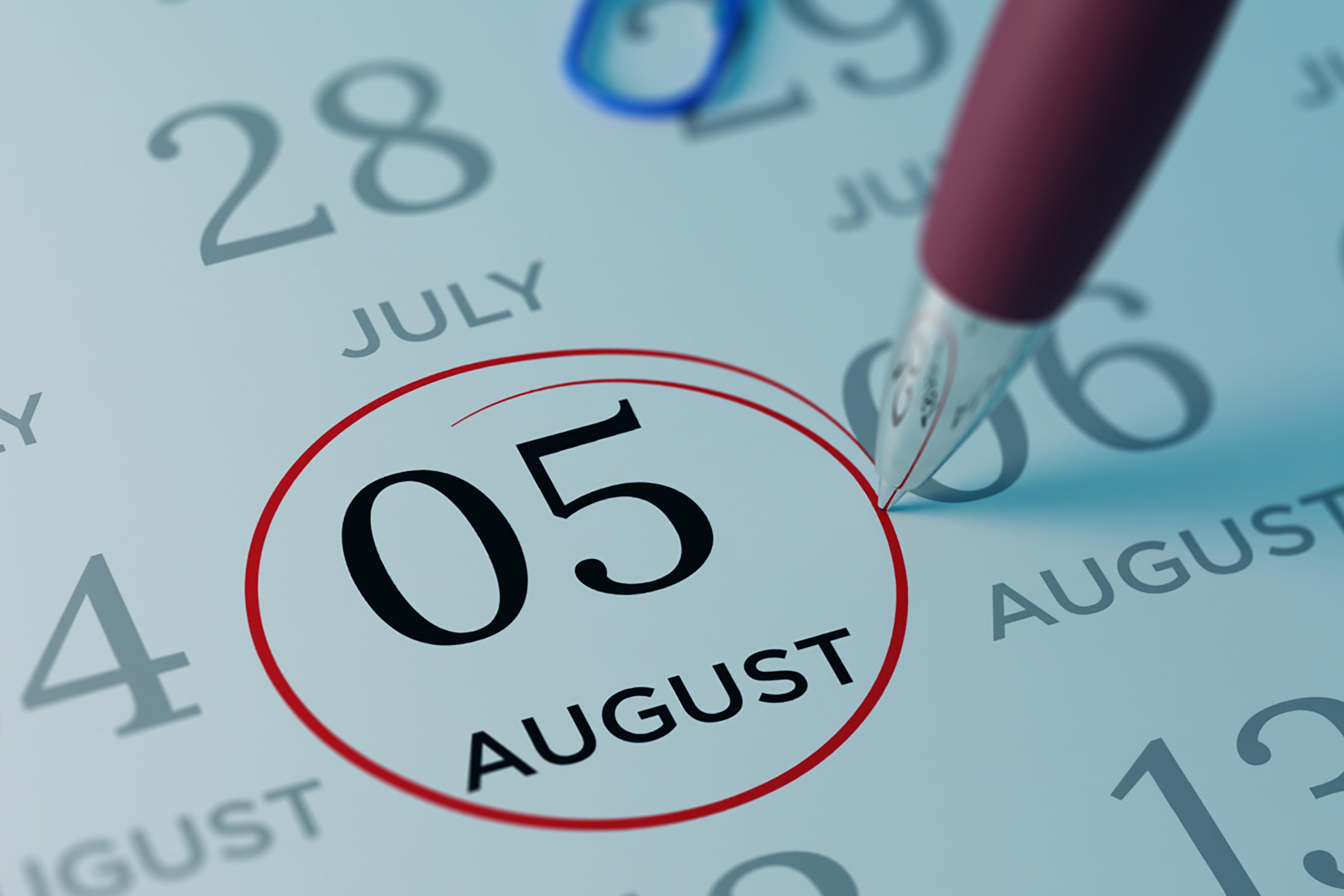 5th day of August circled with red pen
