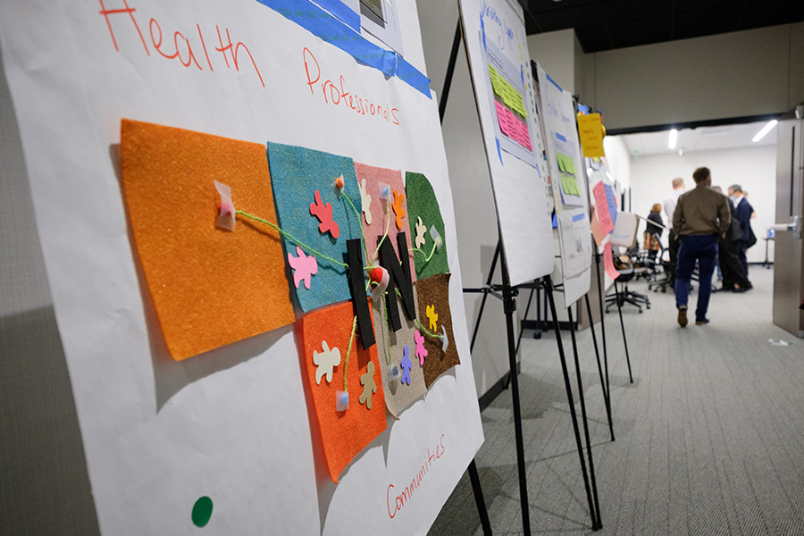 Poster with prototype sits on an easel at a design thinking event