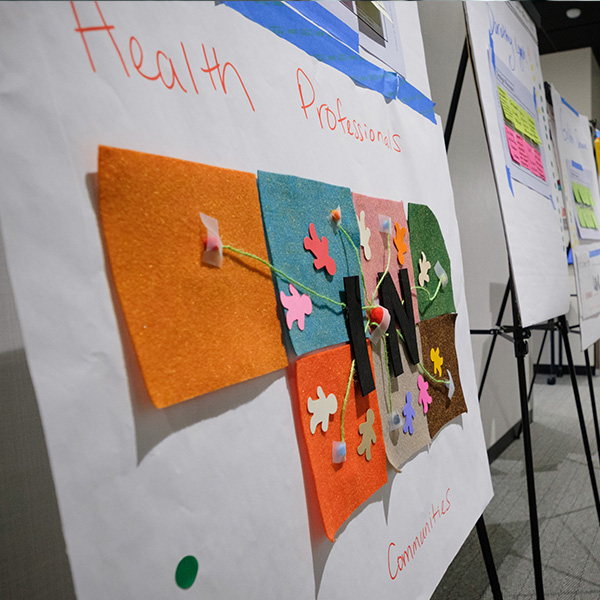 Posters at an event showing different design thinking projects