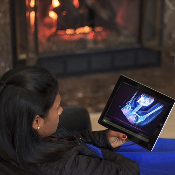 Person sits by a fire looking at an iPad that has an image of the human respiratory system on the screen.