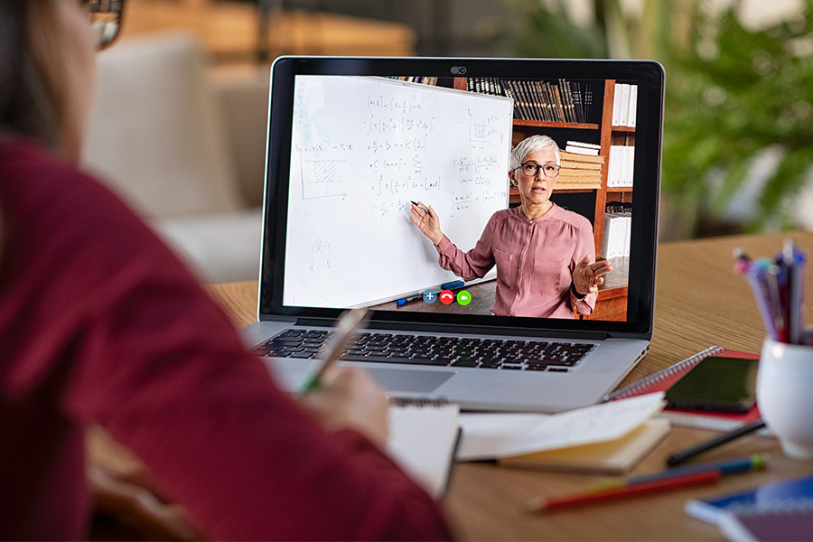 person sitting at computer watching a teacher