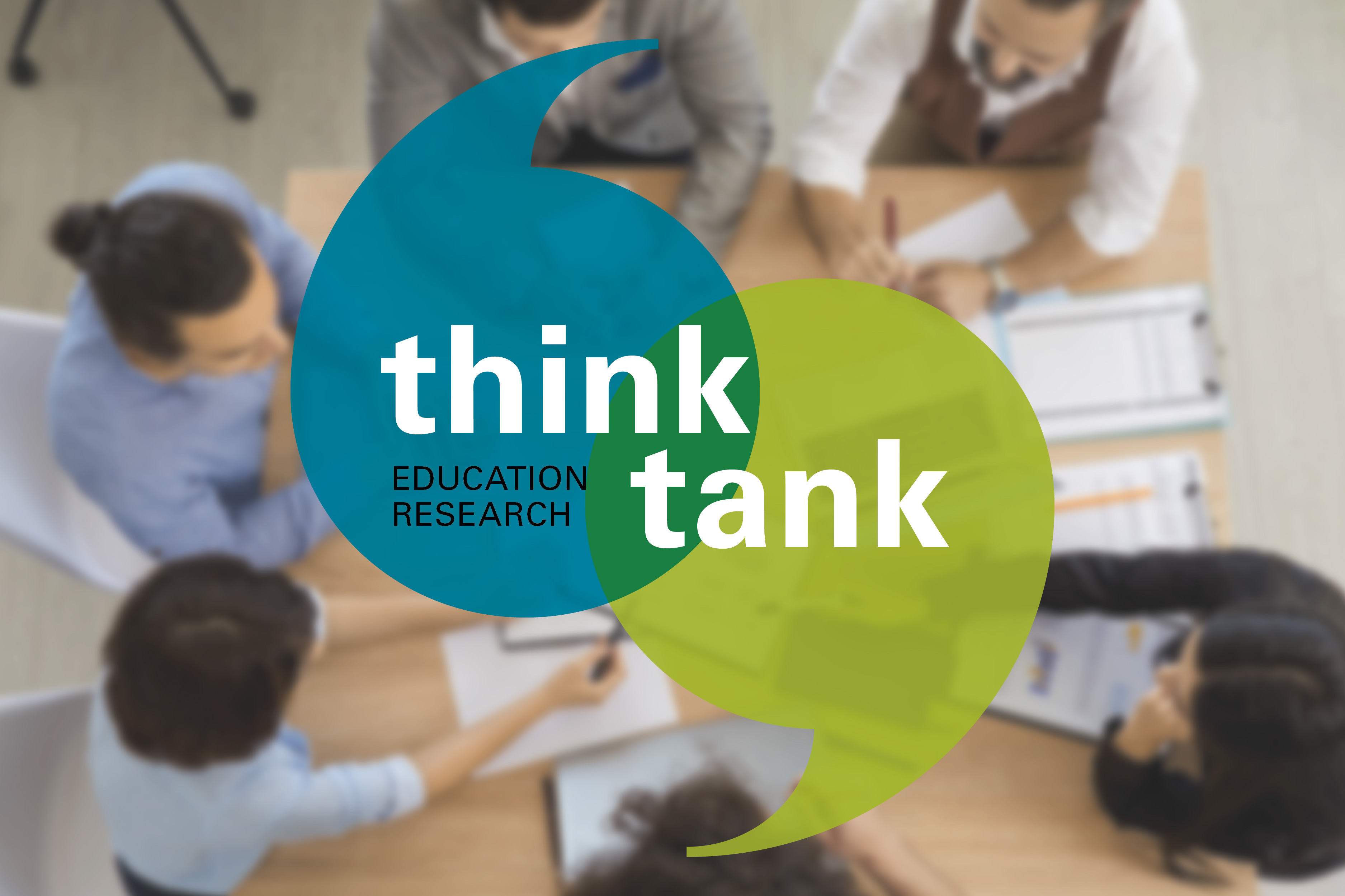 People sit around table talking with graphic of conversation bubbles on top of image and the words think tank