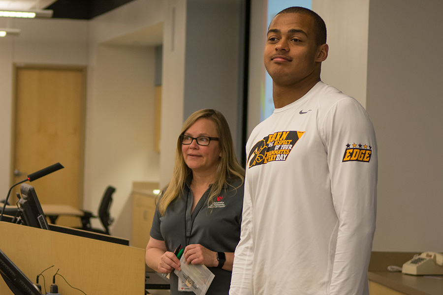 Noah Fant talking to current High School Alliance students about his experience