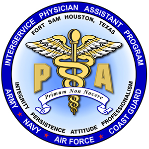 IPAP logo is a blue circle around the medicine symbol of two snakes wrapped around a pole and wings behind it. Text says Interserive Physician Asistant Program Fort Sam Houston, Texas. Integrity, Persistence Attitude, Professionalism, and the service branches: Army, Navy, Air Force, Coast Guard