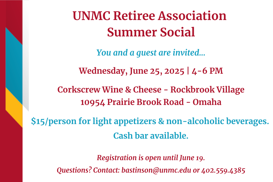 a graphic for the UNMC Retiree Association Summer Social on June 25, 2025, from 4-6 p.m. at Corkscrew in Rockbrook Village in Omaha, NE