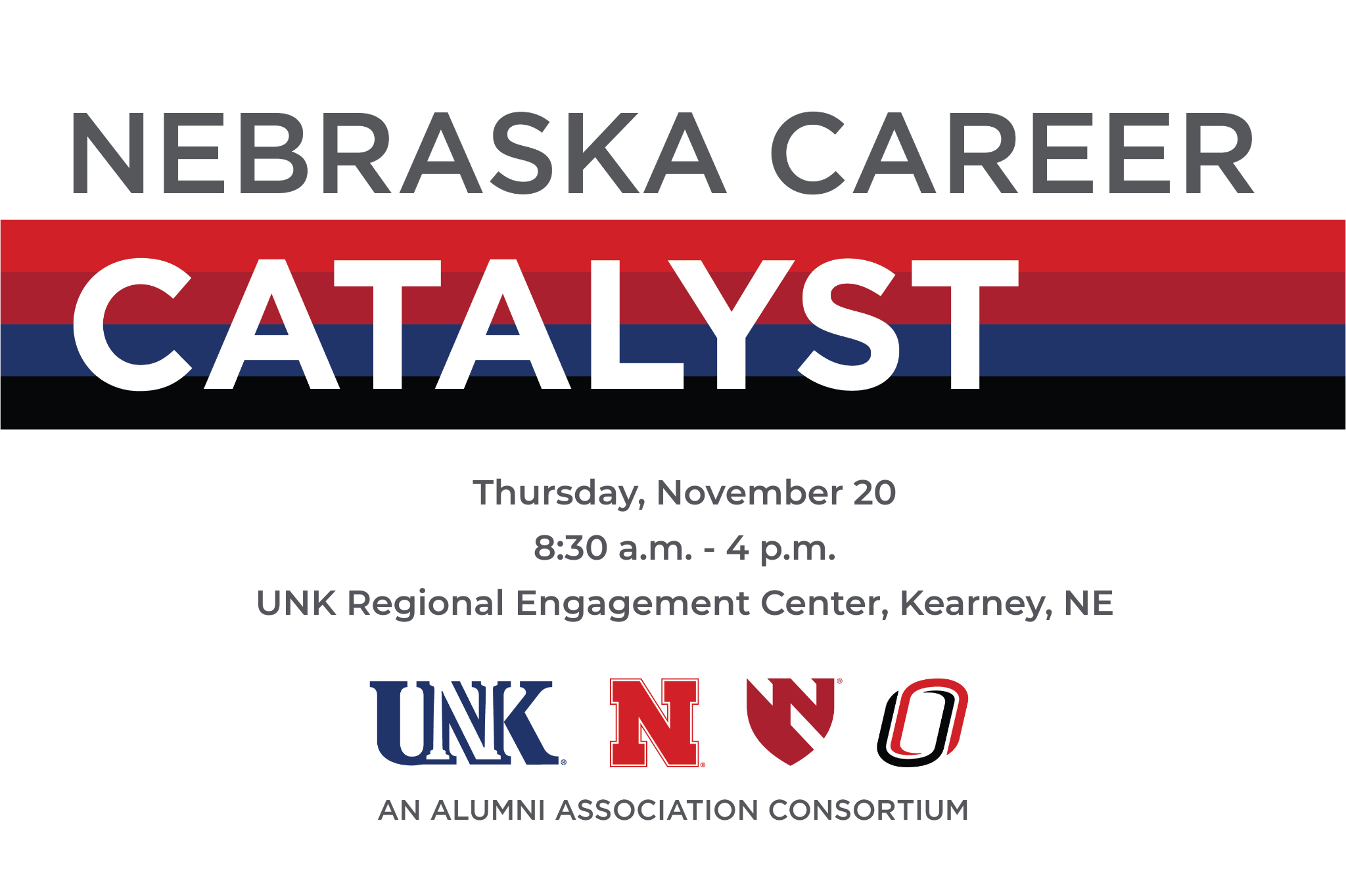 Promotional graphic for the 2025 Nebraska Career Catalyst event taking place on Thursday, November 20, 2025, from 8:30 a.m. - 4:30 p.m. at the UNK Regional Engagement Center in Kearney, Nebraska.