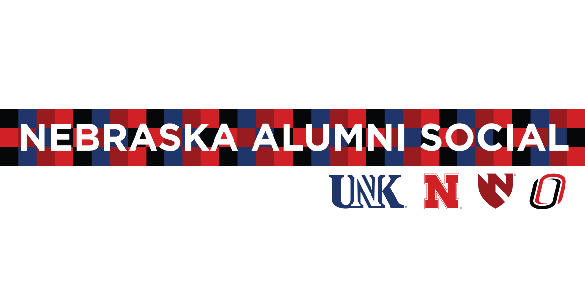 Promotional graphic for the 2025 Nebraska Alumni Social in Kearney, NE.