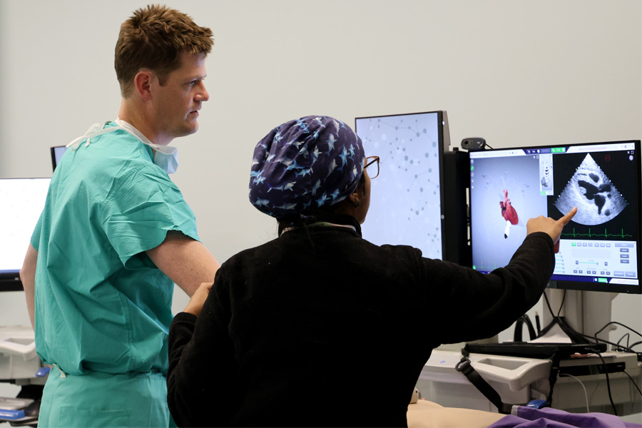 Two residents examine an echocardiogram image on a monitor during simulation lab training.
