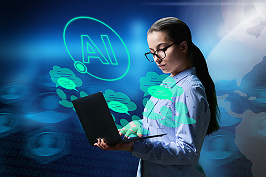 Teen works with AI on a laptop.