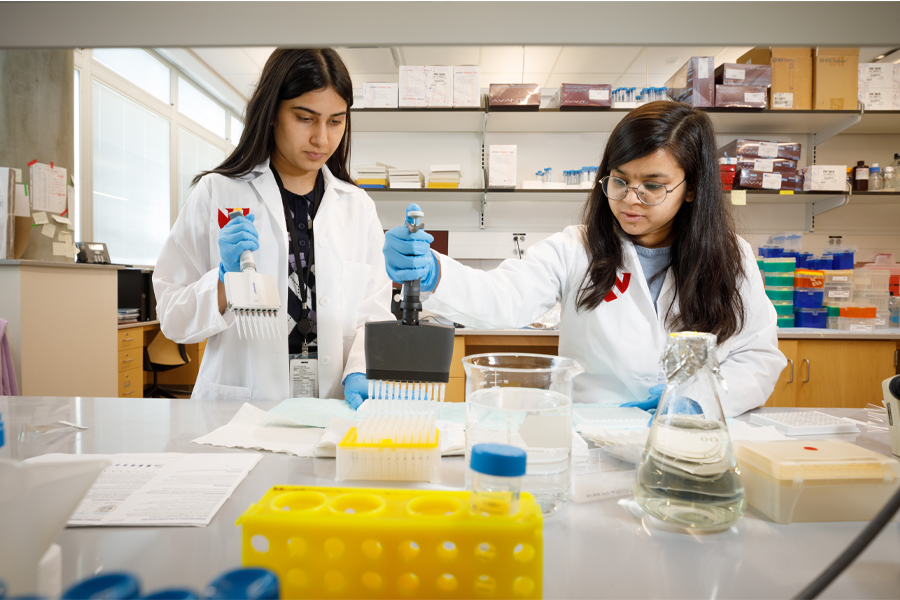 Two students work in a lab