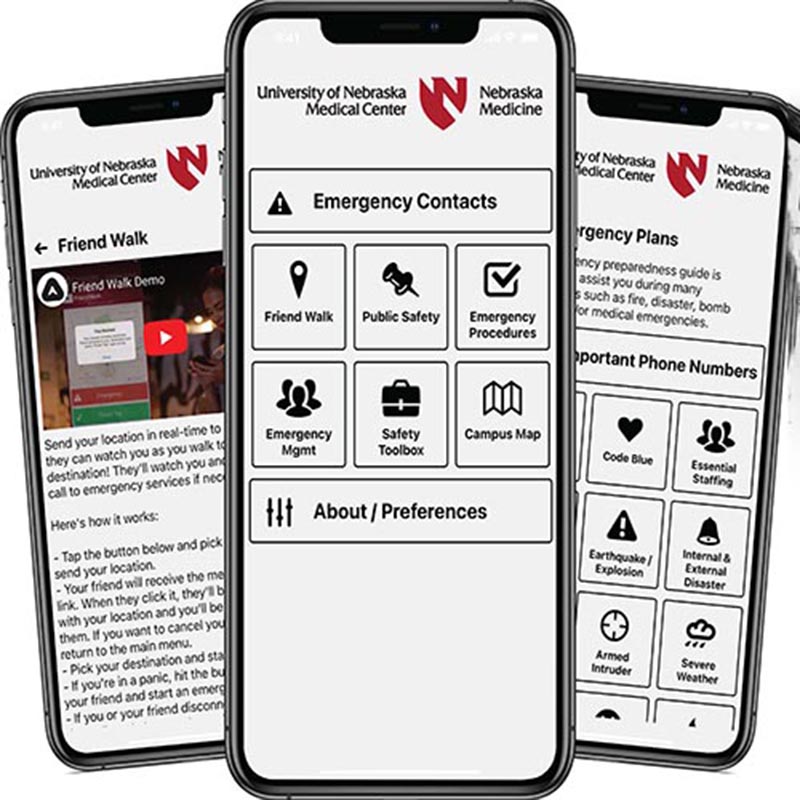 Cell phones showing UNMC Alert app.