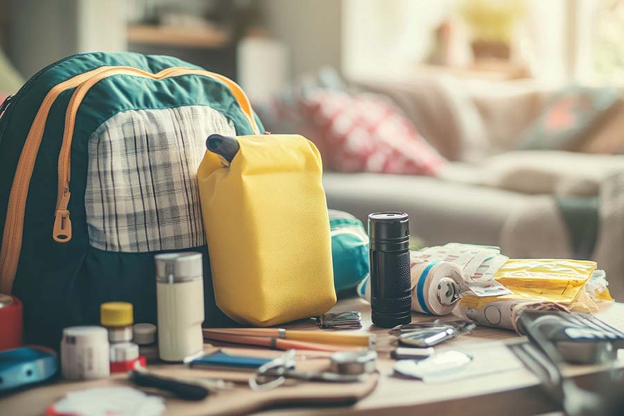 Emergency kit prepared in a living room.