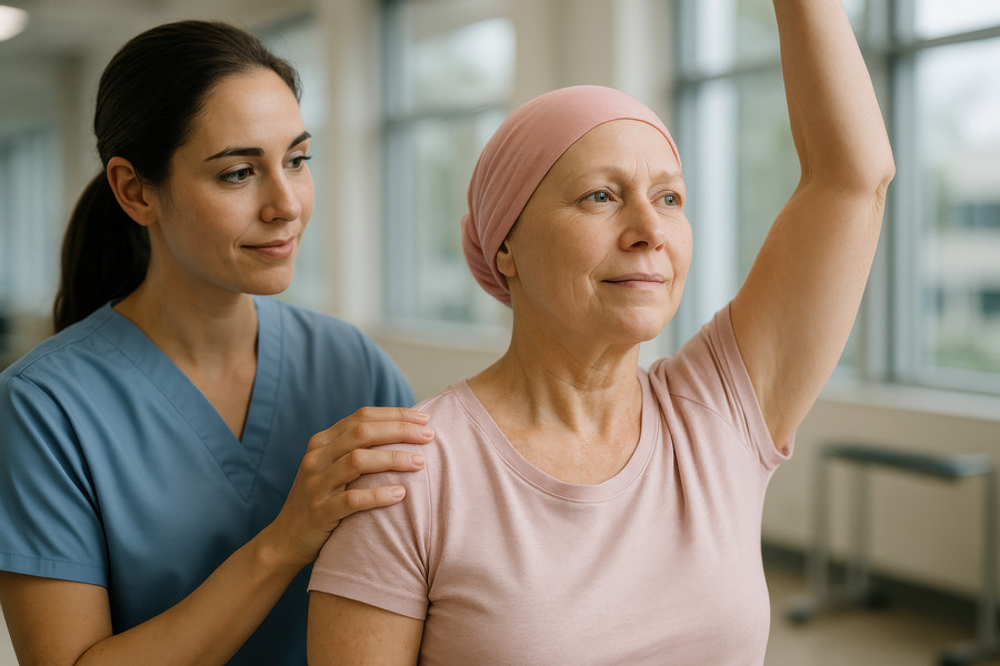 Cancer survivor performing physical activity under the guidance of a physician.