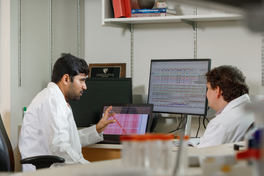 Researchers reviewing and discussing experimental data