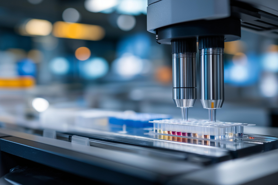 Flow cytometers count cells in an immunology lab with lasers beaming samples flowing through channels data histograms updating and researchers gating populations depicted in