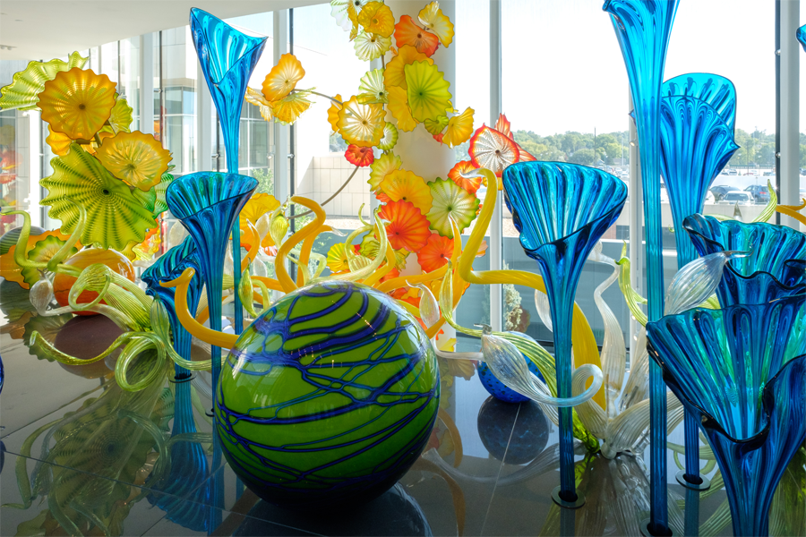 A glass sculpture in the Fred and Pamela Buffett Cancer Center