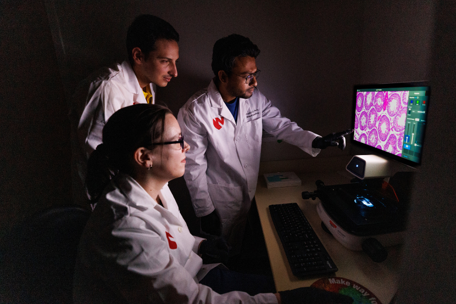Three researchers in a lab look at computer screen.