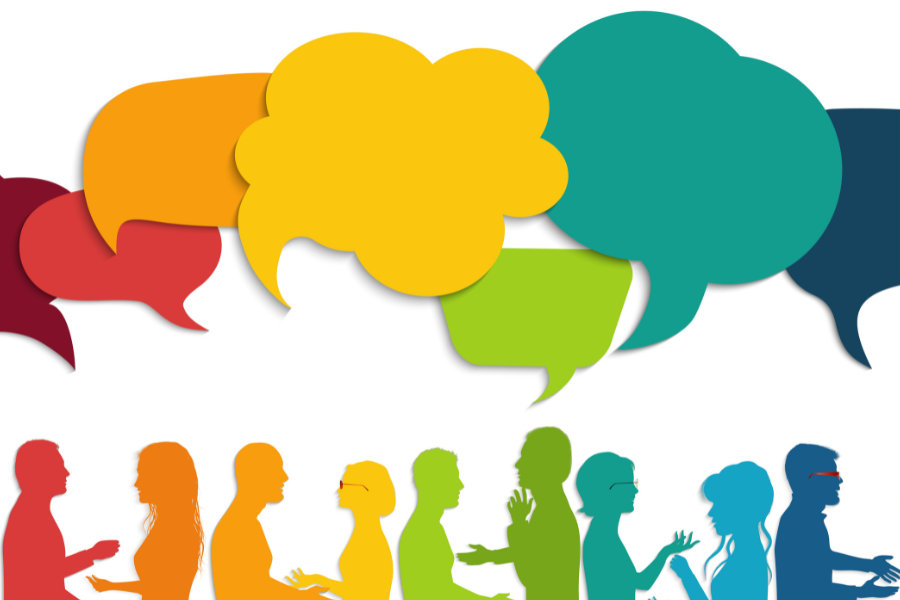 Communication group people. Speech bubble cloud. Talking crowd. Network silhouette profile. 