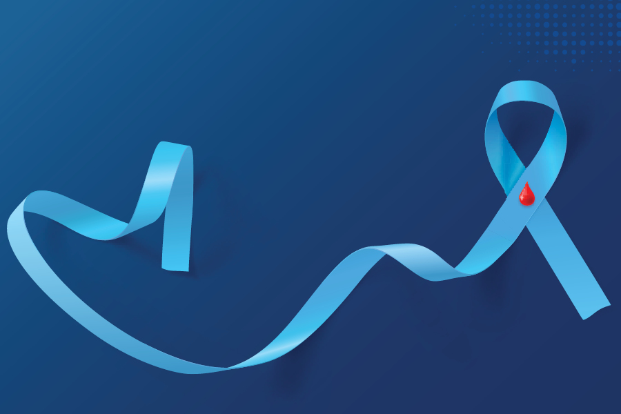 Blue diabetes ribbon on blue background with blood drop, symbolizing diabetes awareness.