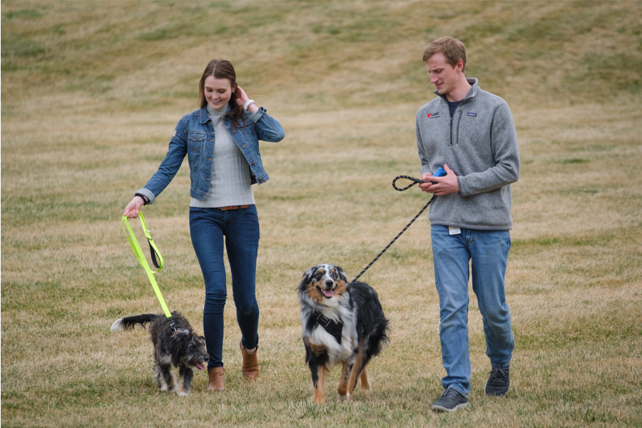 Two UNMC students walk two dogs on leashes