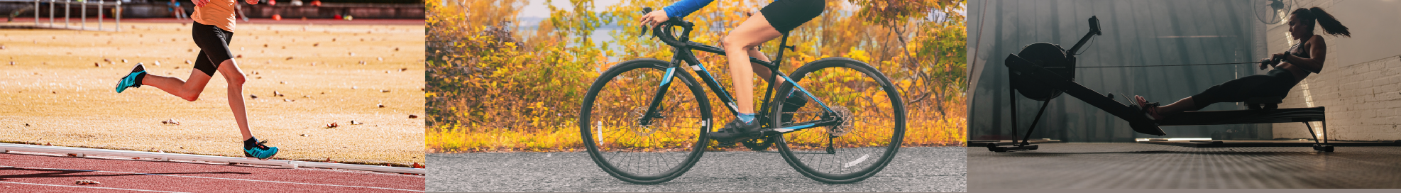 man running, woman on a bike, woman on a rowing machine