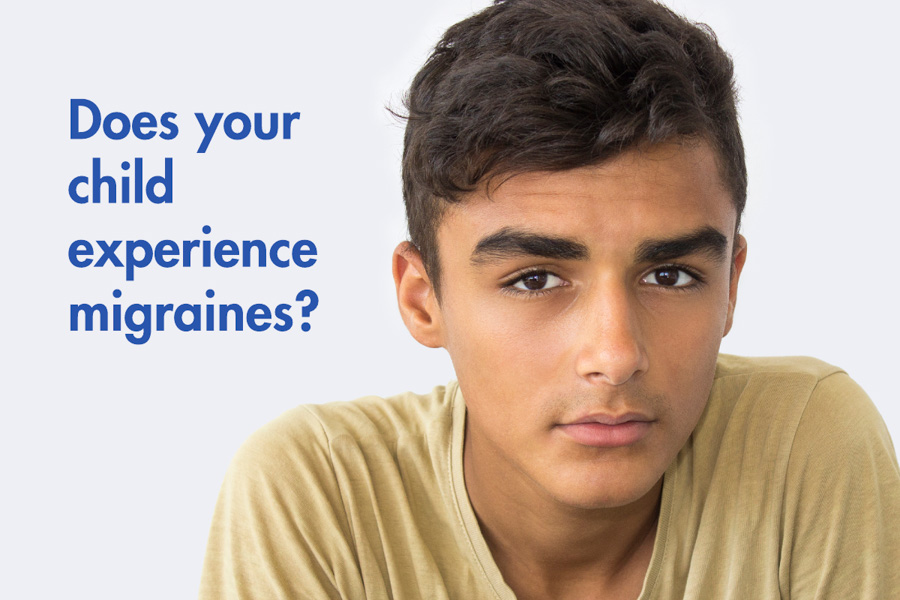 text "does your child experience migraines" and male teen looking at camera with serious expression on his face