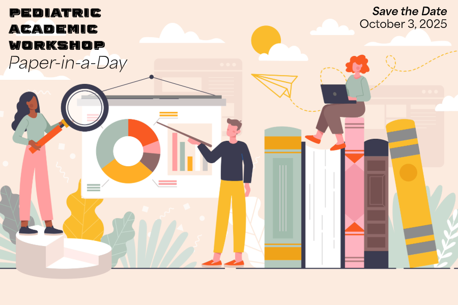 graphic of woman holding magnifying glass to chart and woman sitting on stack of books and man with slide pointer