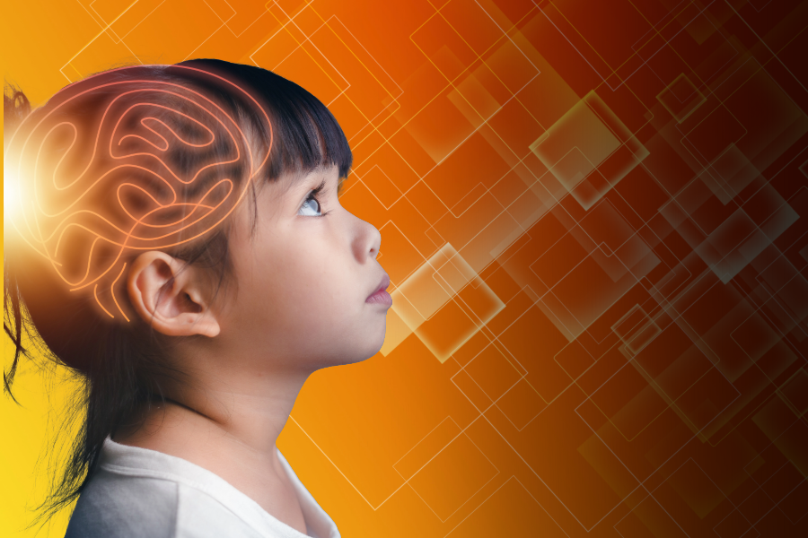 graphic of brain scan overlaid on the face of a young girl in profile looking to the right