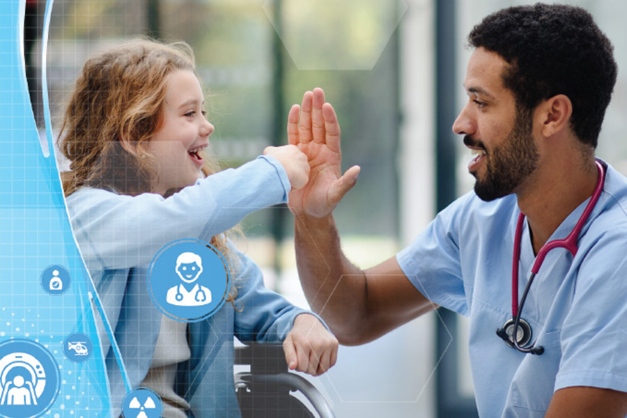 doctor talking to child in a wheel chair