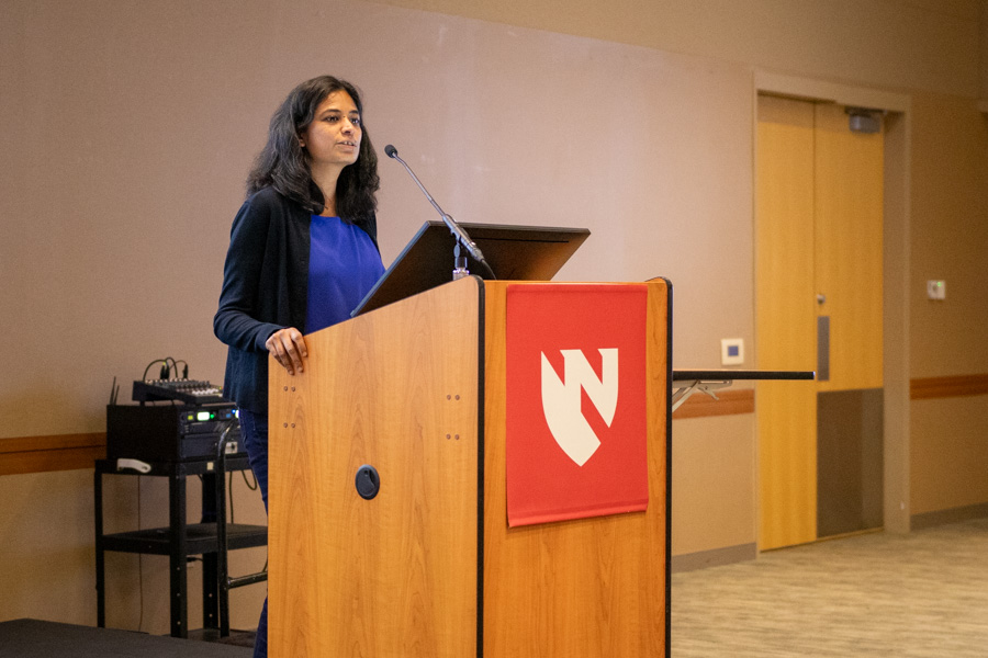 Woman talking at podium
