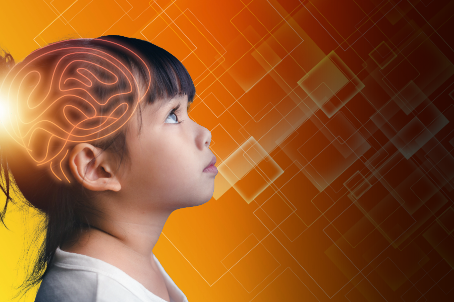 graphic of brain scan overlaid on the face of a young girl in profile looking to the right