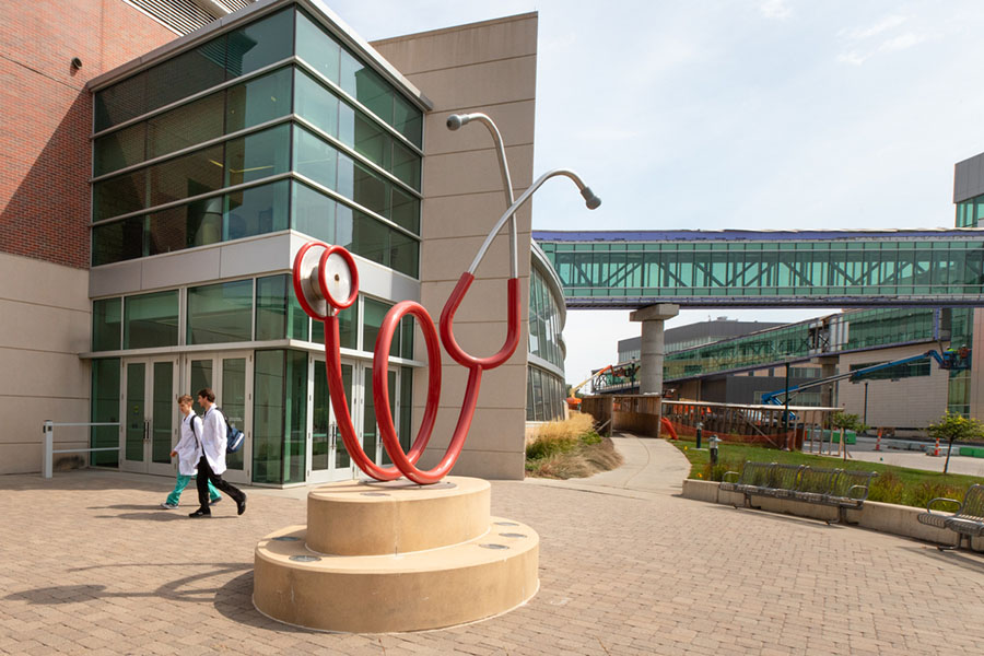 "Healing," a sculpture, stands outside the Sorrell Center, home to the UNMC College of Medicine.