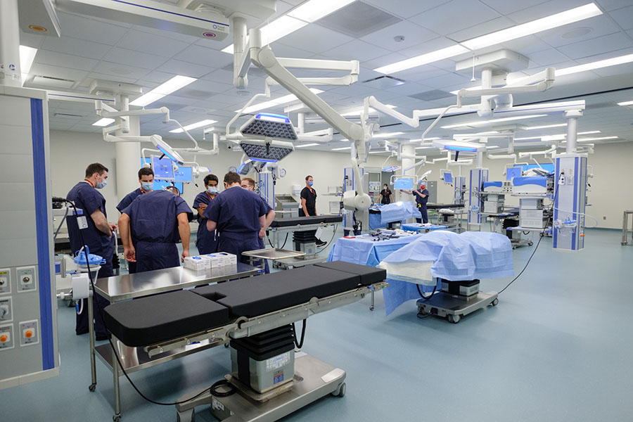 Students train in a virtual hospital in the Davis Global Center.