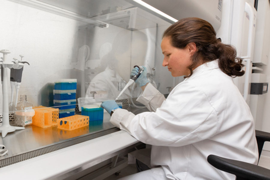 A student works in a UNMC research lab.