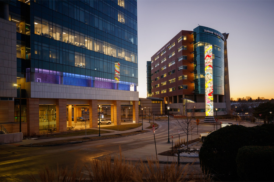 The Buffett Cancer Center at sunset