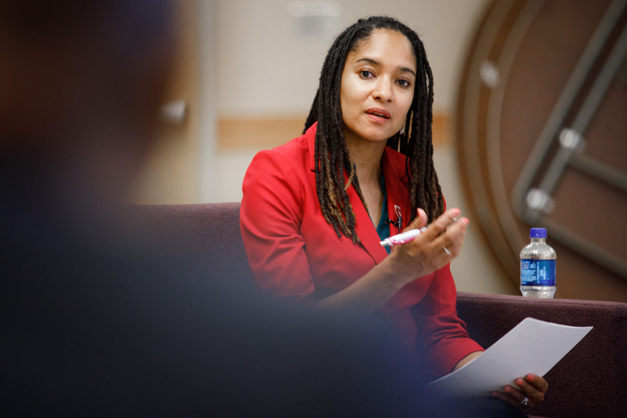 Dr. Sheritta Strong speaks while holding a piece of paper