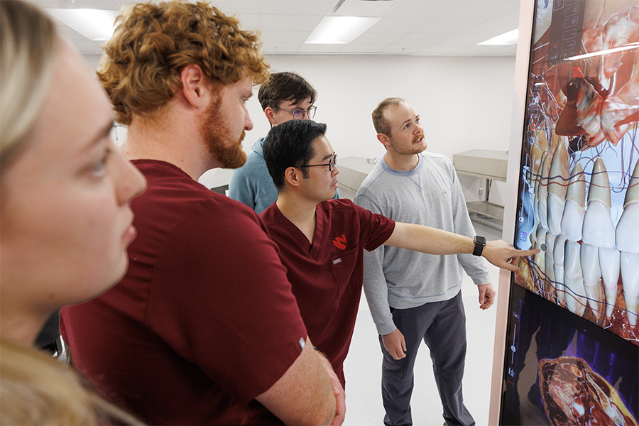 Students view an image on an anatomage tabel.