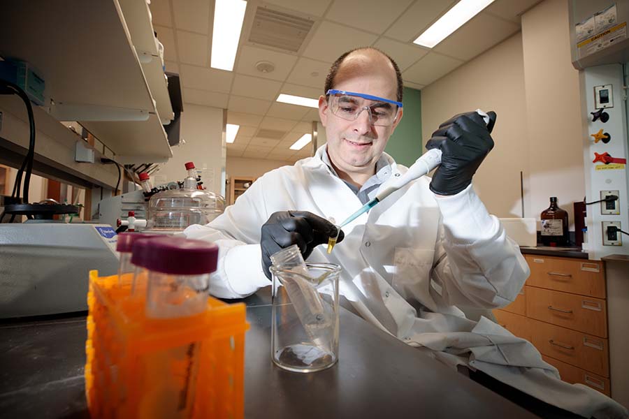 Two faculty members work with chemicals in a lab.