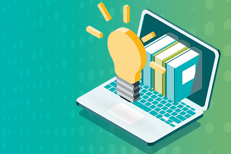 Illustration of laptop has books coming out of the screen in front of a lightbulb