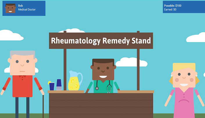 A cartoon shows a wooden &OpenCurlyDoubleQuote;Rheumatology Remedy Stand&rdquo; like a lemonade stand&period;