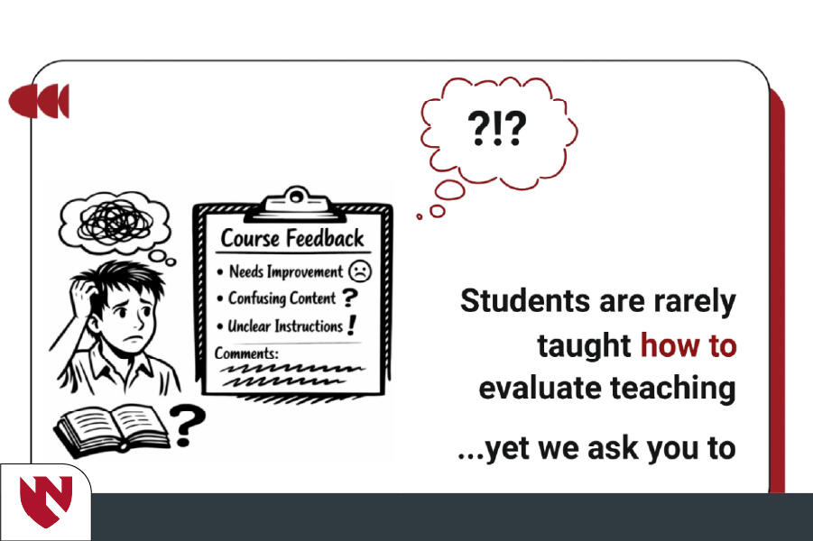 Module screenshot showing a confised student with text "Students are rarely taught how to evaluate teaching yet we ask you to"