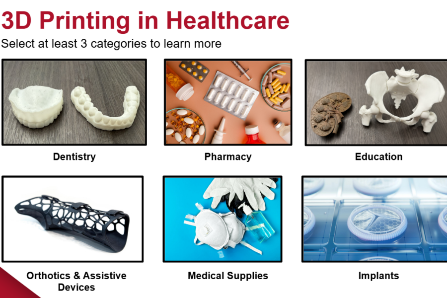 Module screenshot showing 3D printing examples in various categories.